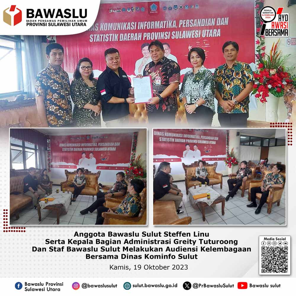 Menghadapi Tahapan Kampanye, Bawaslu Sulut Audiensi Kelembagaan Bersama Dinas Kominfo Sulut