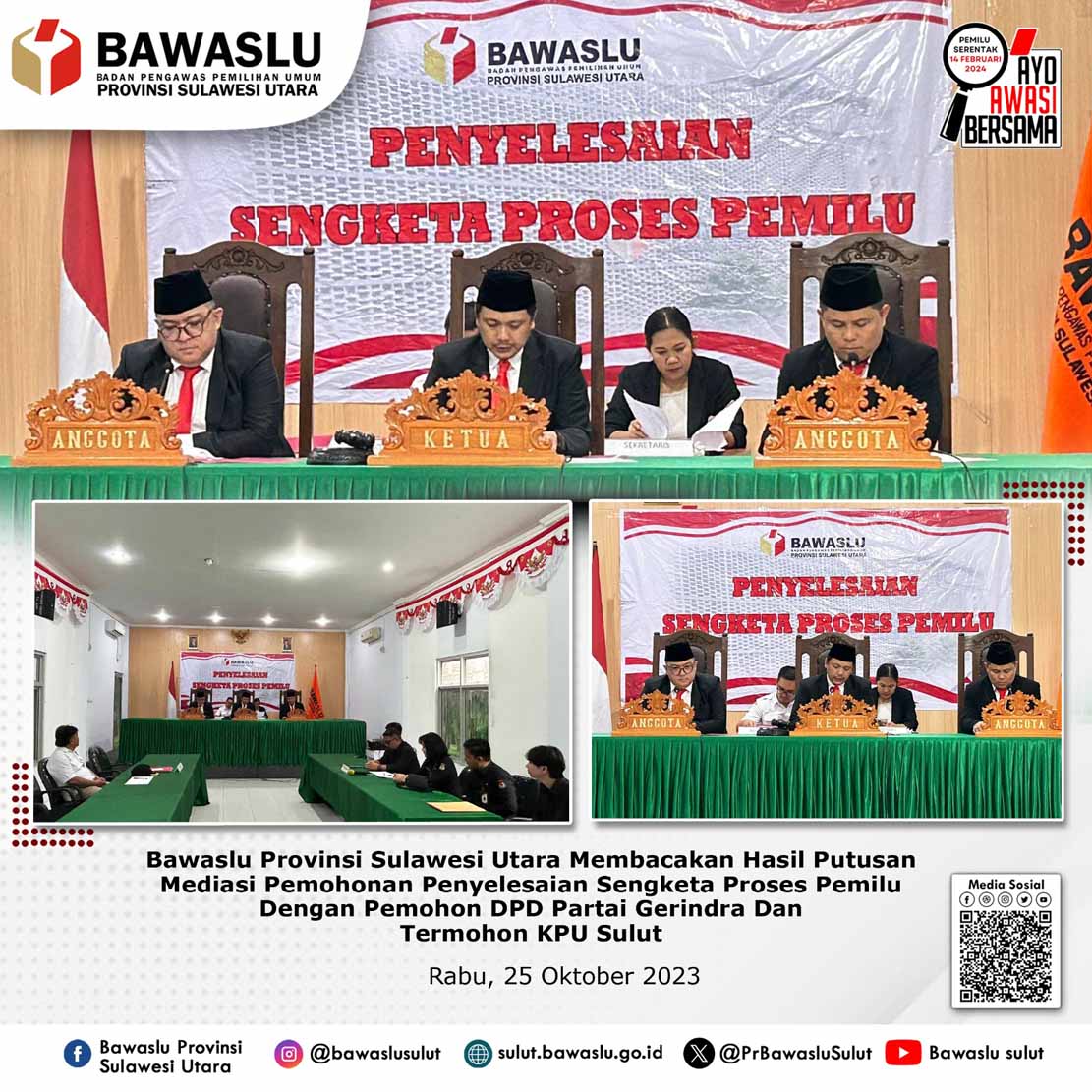 Bawaslu Sulut Berhasil Mediasi Sengketa antara DPD Partai Gerindra dan KPU