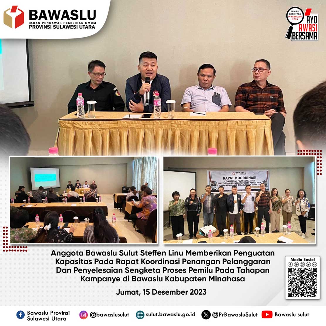 Anggota Bawaslu Sulut Steffen Linu Berikan Penguatan Kapasitas pada Jajaran Panwascam Se-Kabupaten Minahasa