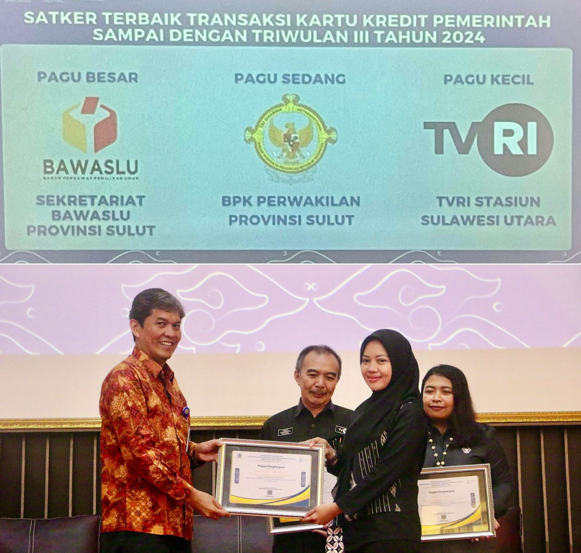 Bawaslu Sulut Raih Penghargaan Satker Terbaik Penggunaan Transaksi Cashless.